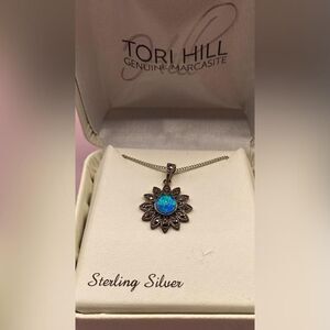 Tori Hill Sterling Silver 925 Marcasite Sunflower Necklace Blue Stone NIB